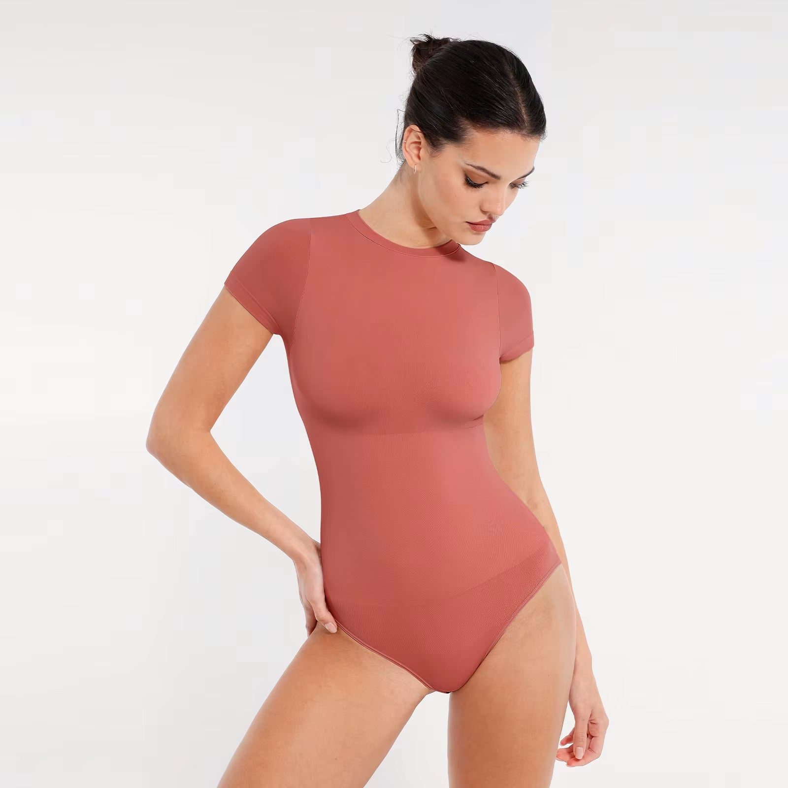 Hexin Women Breathable Spandex Waist Abdomen and Hip Shaping Bodysuit Seamless Short Sleeve Briefs Wholesale