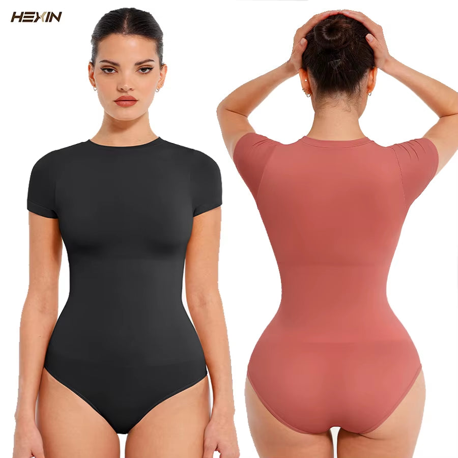 Hexin Women Breathable Spandex Waist Abdomen and Hip Shaping Bodysuit Seamless Short Sleeve Briefs Wholesale