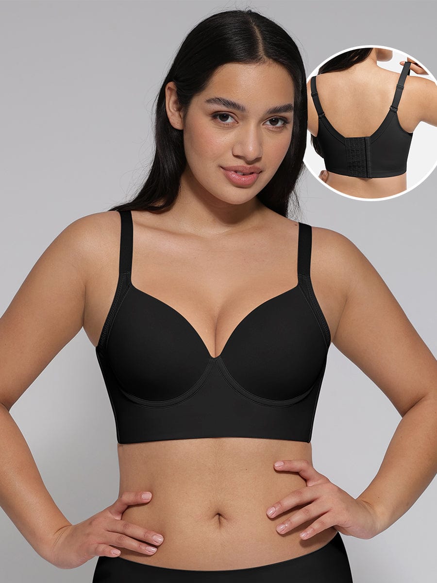 Black Underwire Push-Up Sculpting Uplift Hide Back Fat Full Coverage Bra