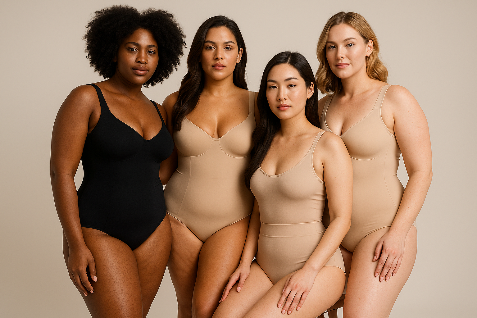 4 curvey women in shapewear, mix races