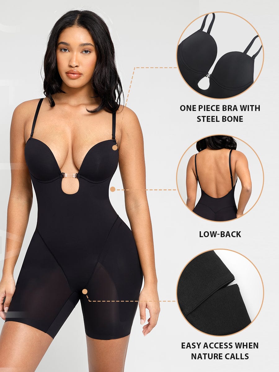 Wholesale Plunge Low-Back Mid-Thigh Shapewear With Removable Butt And Hips Pads